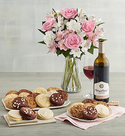 Mother's Day Cherished Blooms Bouquet, Cheryl's® Cookies, and Wine