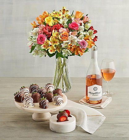 Mother's Day Assorted Roses & Peruvian Lilies, Gourmet Drizzled Strawberries, and Wine