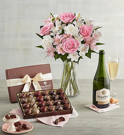 Cherished Blooms Bouquet, Chocolate Truffles, and Wine