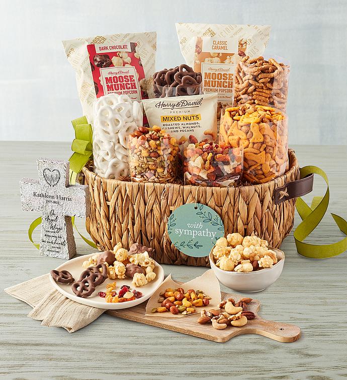 Sympathy Snacks Basket with Personalized Tabletop Cross