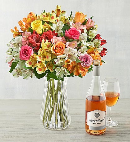 Blossoms & Wine™ - Assorted Roses, Lilies, and Wine