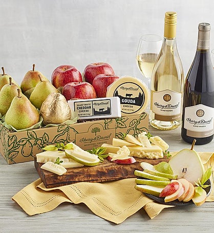 Pears, Apples, and Cheese Gift with Wine - 2 Bottles