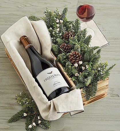 Evergreen Centerpiece and Wine