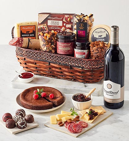 Gourmet Specialty Snacks Basket with Wine