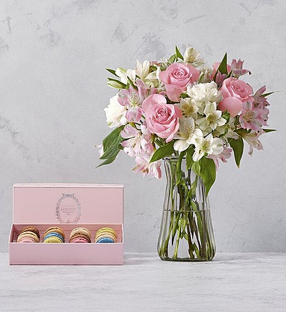 Ladurée Mother's Day Macaron Pink Gift Box of 12 - Paired with Cherished Blooms Bouquet