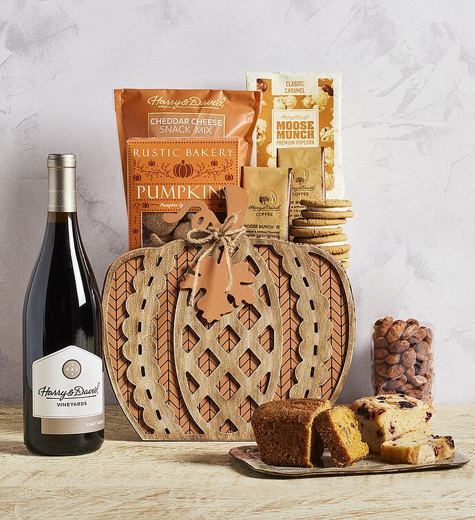 Pumpkin Shaped Gift Basket with Wine
