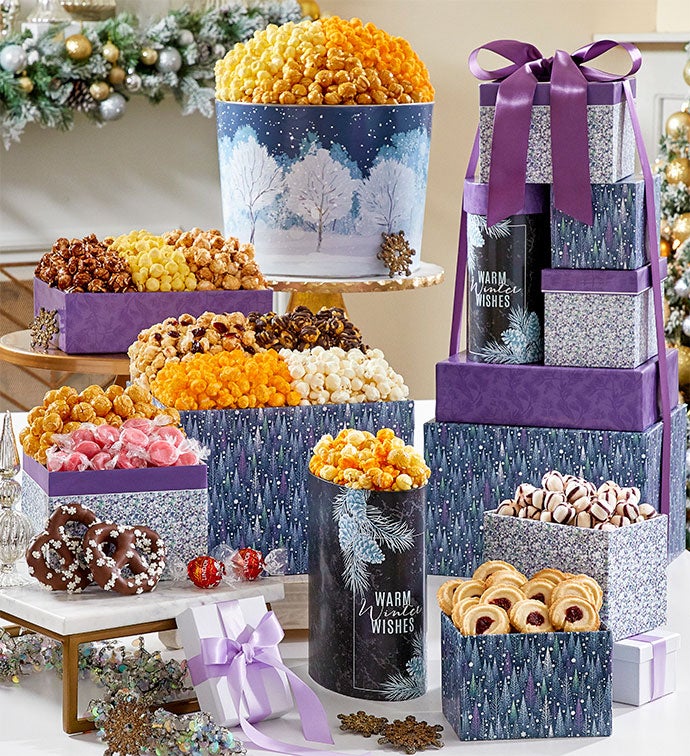 6 Gift Box Sparkling Snowfall Tower And 2 Gallon Popcorn Tin
