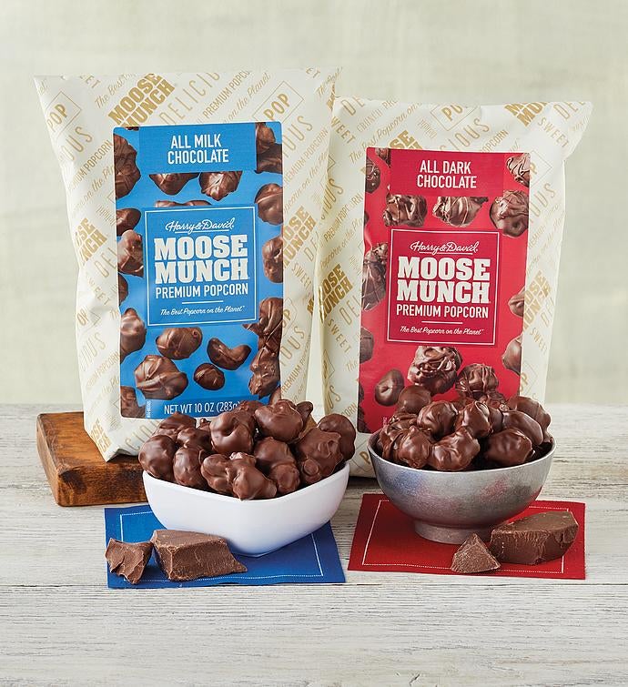 Moose Munch® Premium Popcorn All Milk Chocolate and All Dark Chocolate Extra Large Duo