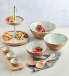 Wood and Enamel Stackable Serving Bowls - Set of 3