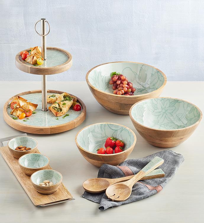 Wood and Enamel Bowls with Serving Tray