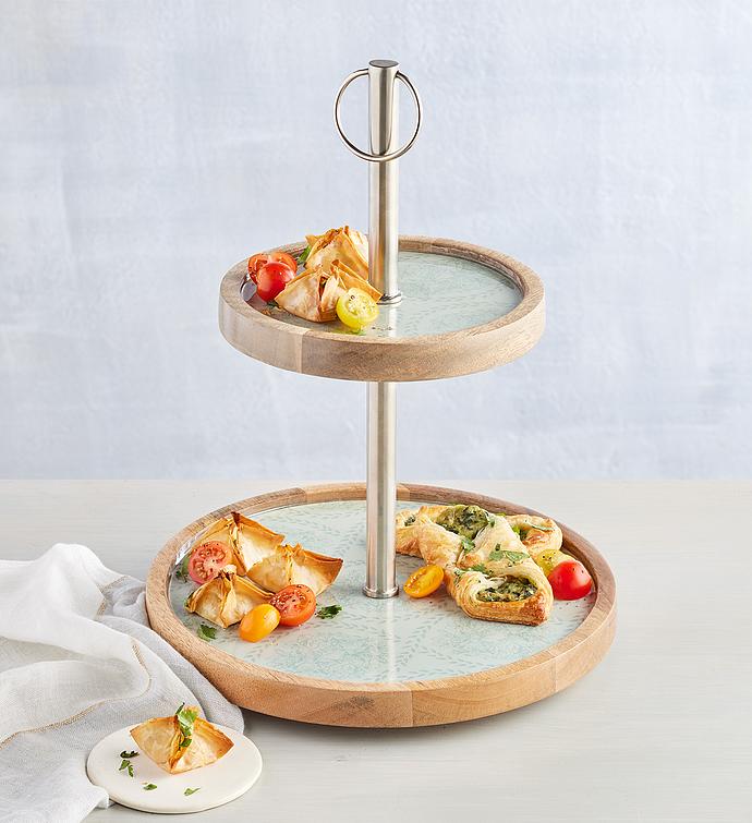 2 Tiered Wood and Enamel Serving Stand