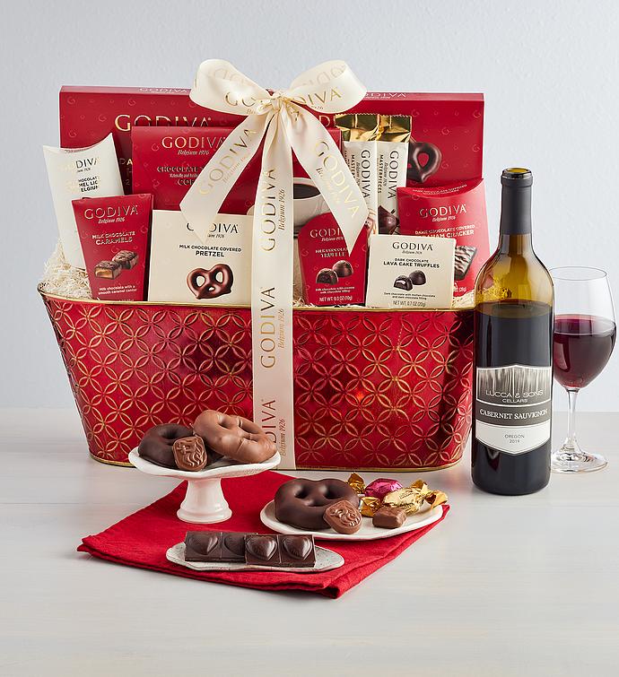 Godiva Decadence Gift Basket with Wine   Supreme