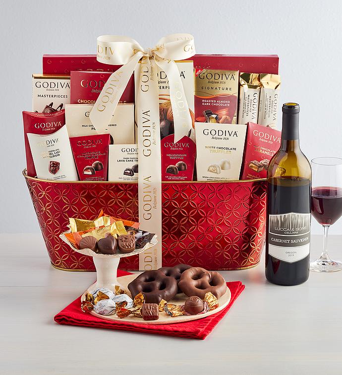 Godiva Decadence Gift Basket with Wine   Ultima