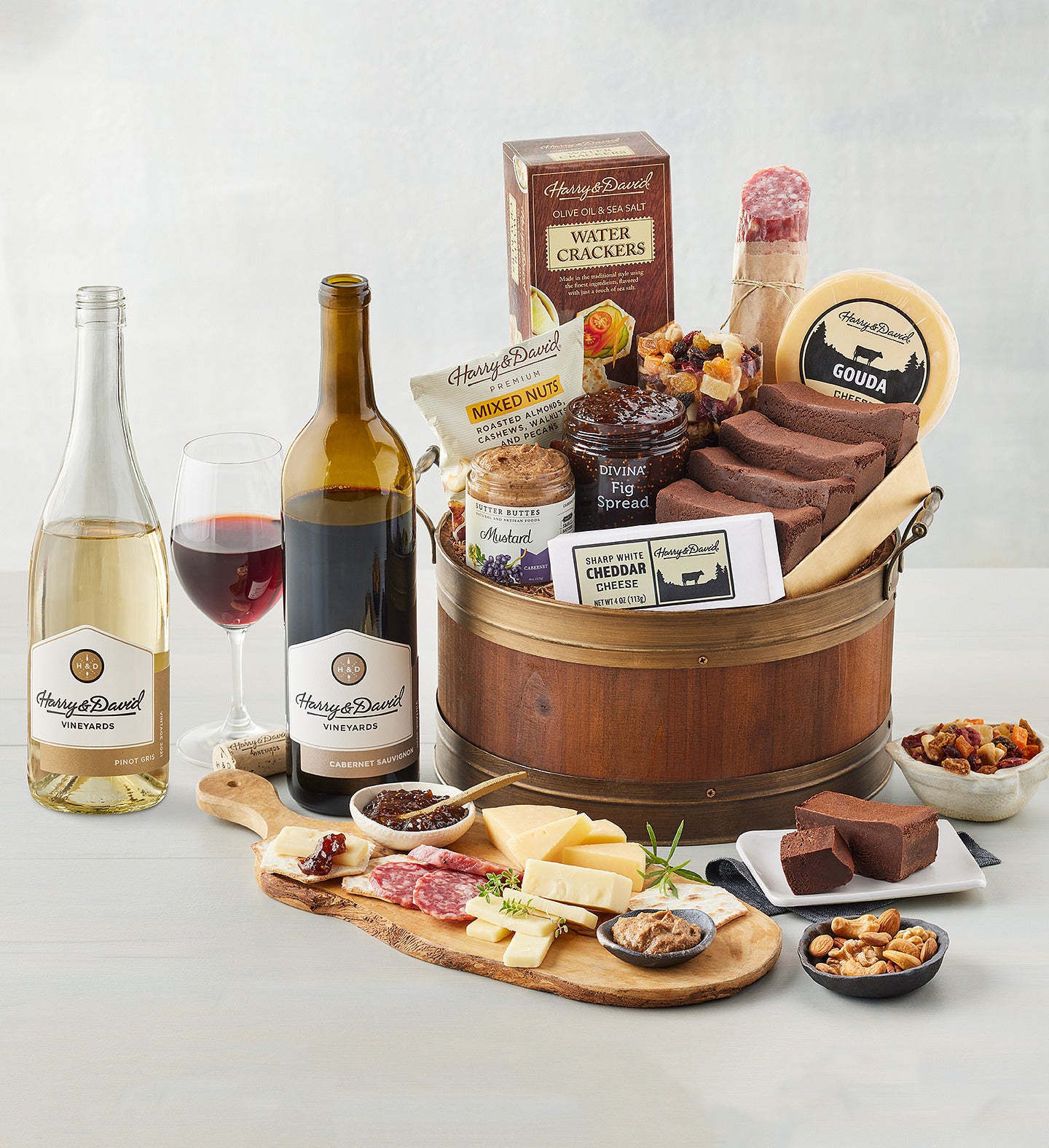 Wicker Gift Basket with Food and Wine on Wooden Table. Space for Text Stock  Image - Image of card, birthday: 211245577