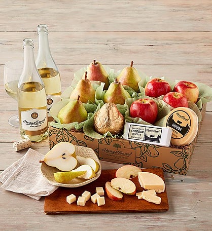Pears, Apples, and Cheese Gift with Wine - 2 Bottles