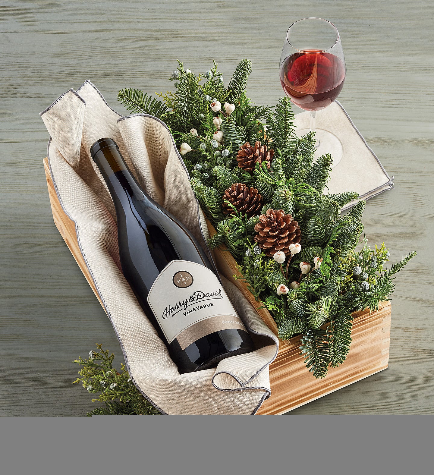 Evergreen Centerpiece and Wine