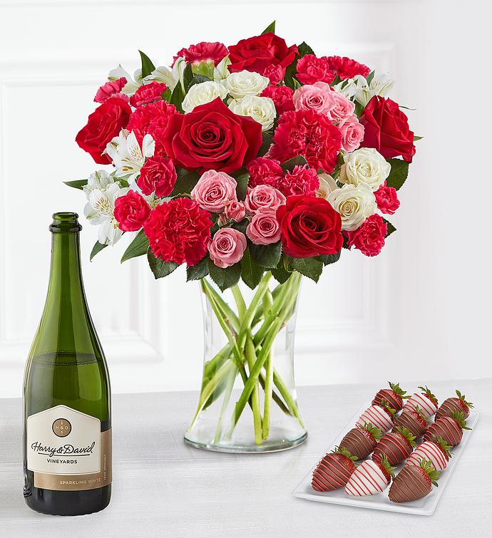 Deliciously Decadent Precious Love Bouquet, Strawberries, and Wine