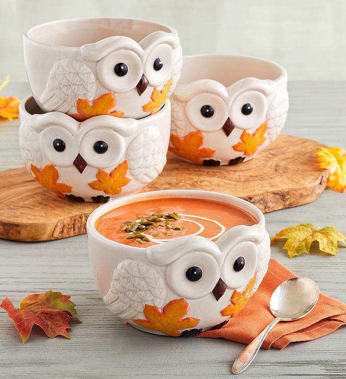 Fall Owl Soup Bowls   Set of 4