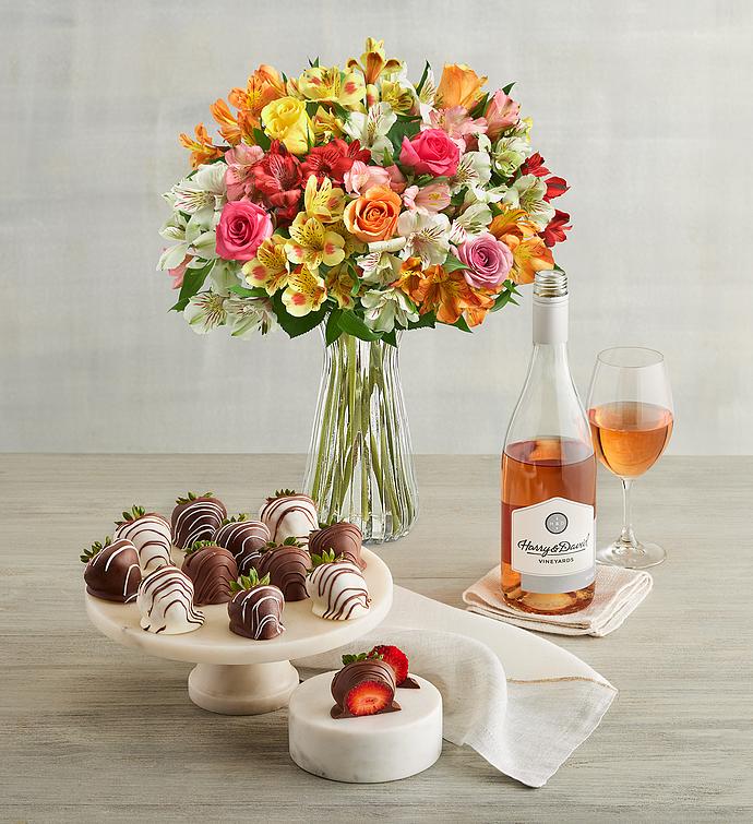 Assorted Roses &amp; Peruvian Lilies, Gourmet Drizzled Strawberries, and Wine
