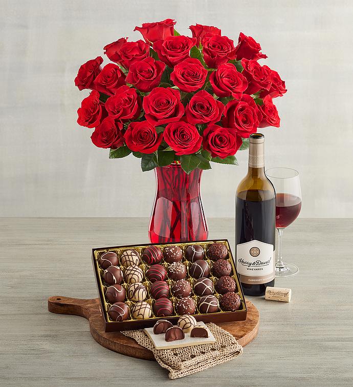 Two Dozen Red Roses, Chocolate Truffles, and Cabernet Sauvignon