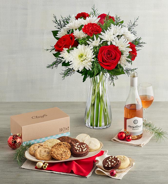 Festive Holiday Bouquet, Cheryl's® Cookies, and Wine