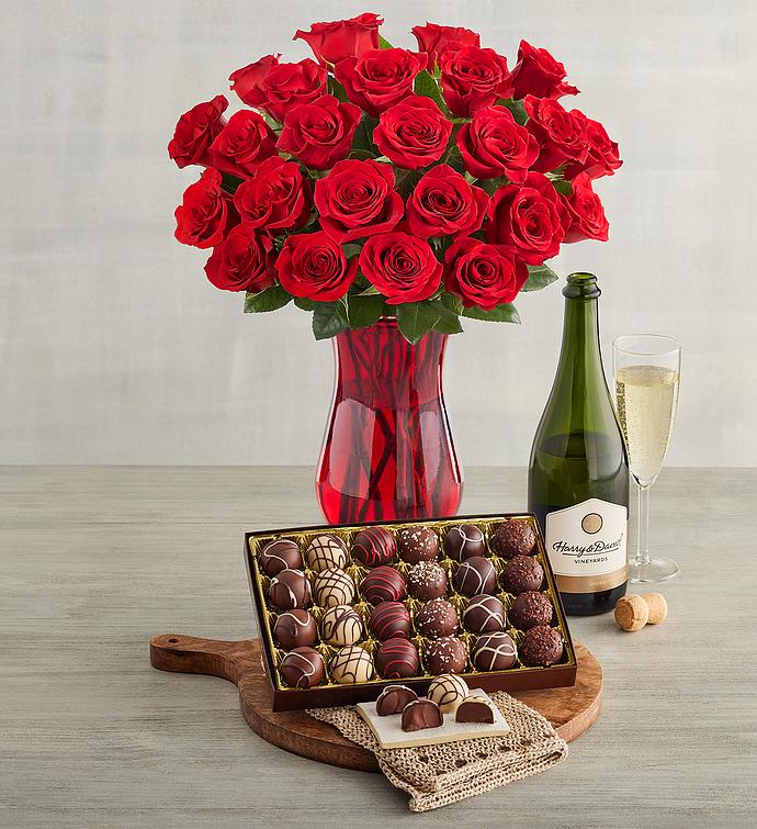 Two Dozen Red Roses, Chocolate Truffles, and Sparkling White Wine