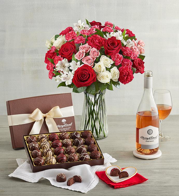 Precious Love Bouquet, Chocolate Truffles, and Wine