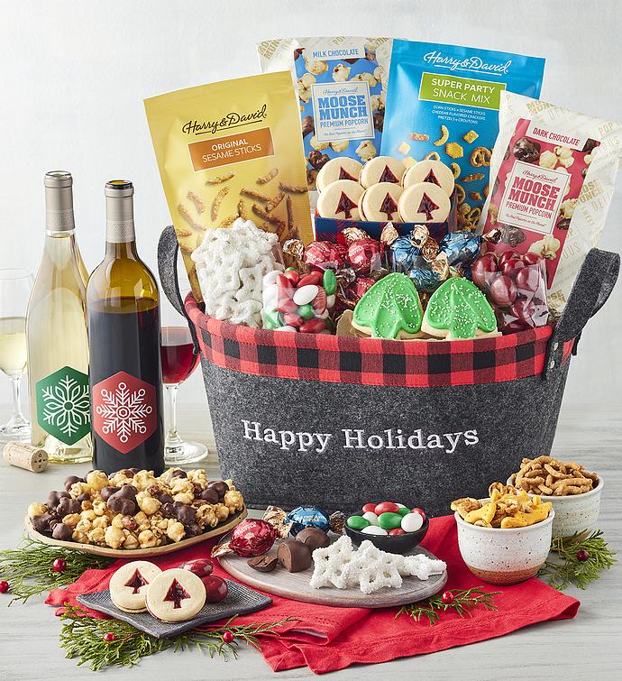 Happy Holidays Gift Basket with Wine