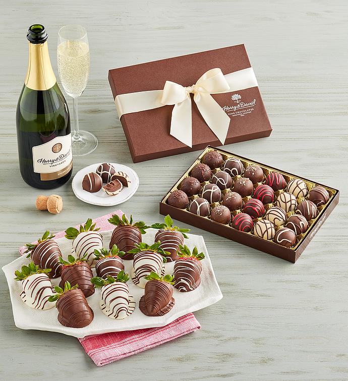 Gourmet Drizzled Strawberries™, Chocolate Truffles, and Wine