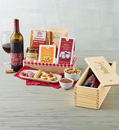 Snack Gift Basket with Lucca & Sons Cellars™ Wine and Personalized Wood Wine Box