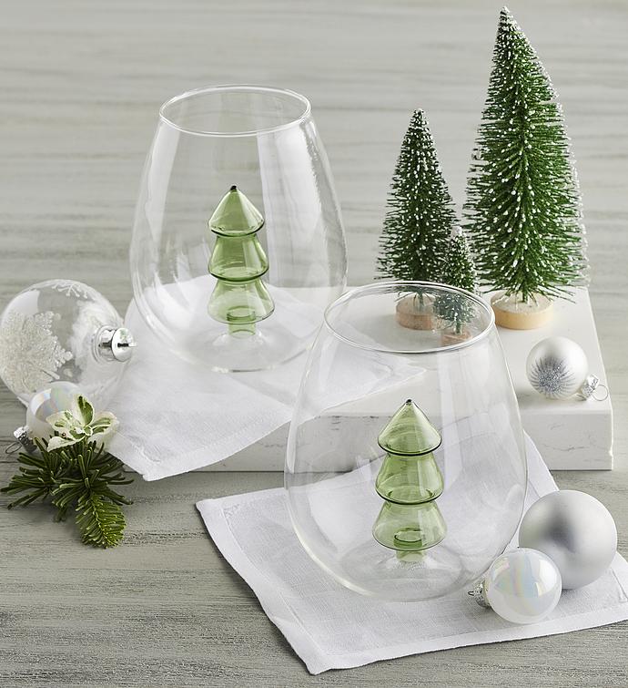 Holiday Stemless Wine Glasses with Blown Glass Tree   Set of 2