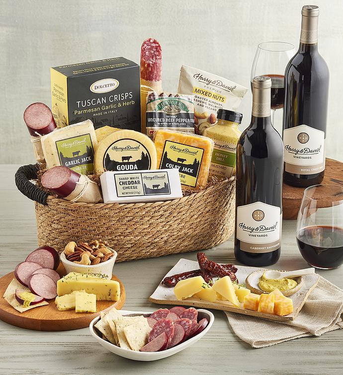 Deluxe Meat and Cheese Gift Basket with Wine   2 Bottles