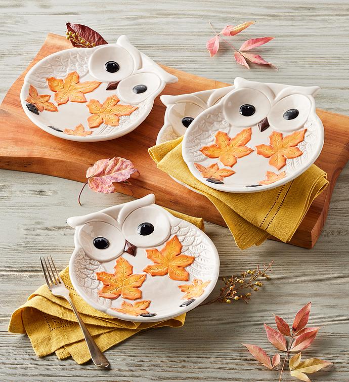 Fall Owl Appetizer Plates Set of 4 Family Item Gifts Keepsakes Home Decor Kitchen Serving Ware Serveware by Harry David