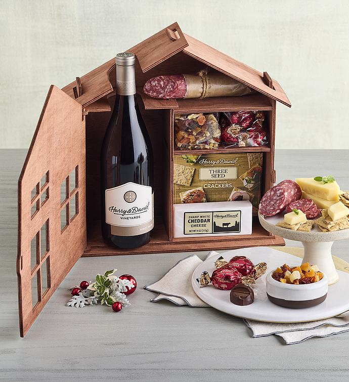 Holiday Wooden House Gift with Wine