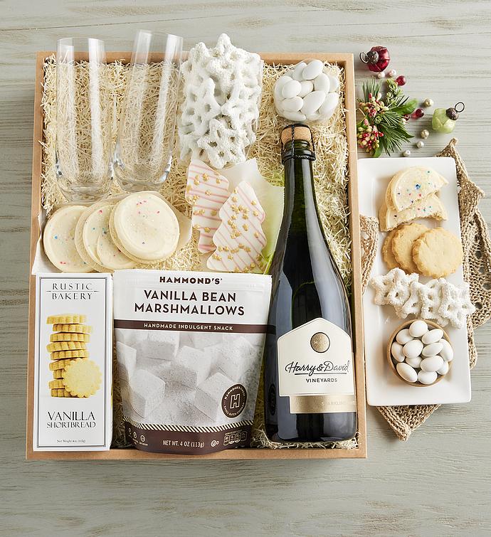 White Christmas Gift Basket with Sparkling Wine