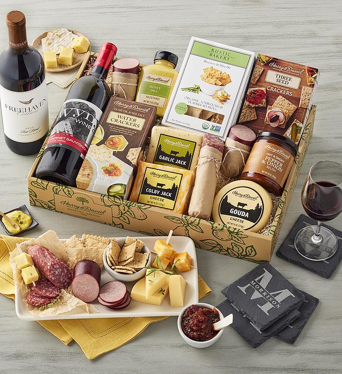 Meat, Cheese, and Wine Gift Box with Personalized Slate Coaster Set