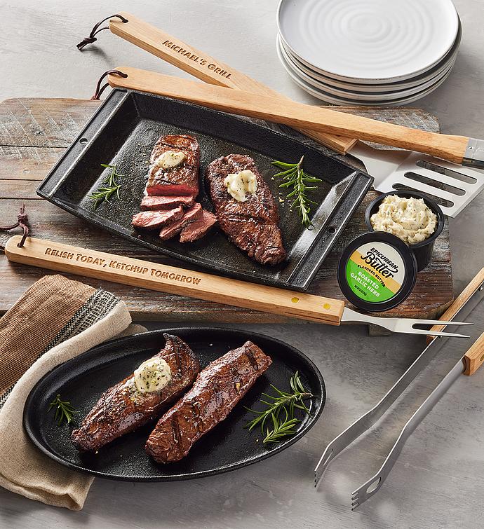 Sirloin Cap Steaks With Garlic Herb Butter And Personalized Bbq Tools 