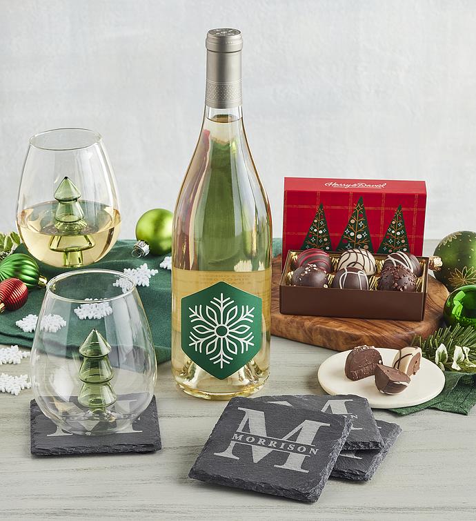 Holiday Wine Glasses with Wine and Personalized Slate Coaster Set