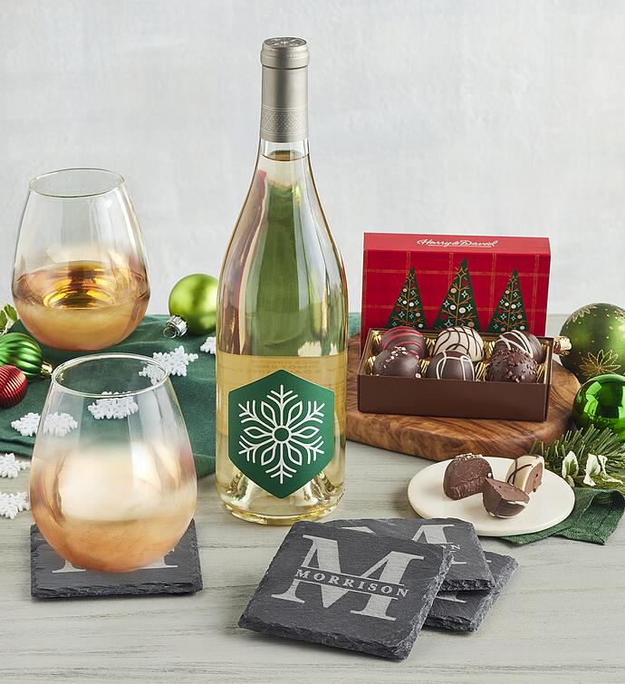 Holiday Wine Glasses with Wine and Personalized Slate Coaster Set 