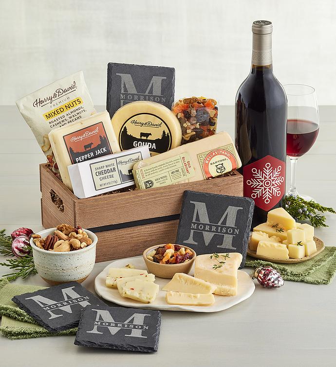 Holiday Gourmet Cheese Gift with Wine and Personalized Slate Coaster Set