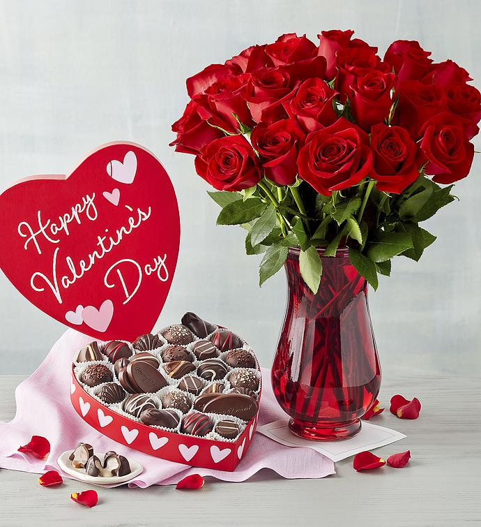 Valentine Chocolates in Heart Box with Two Dozen Red Roses