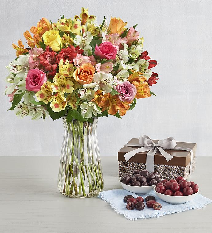 Chocolate Covered Cherries with Assorted Roses & Peruvian Lilies