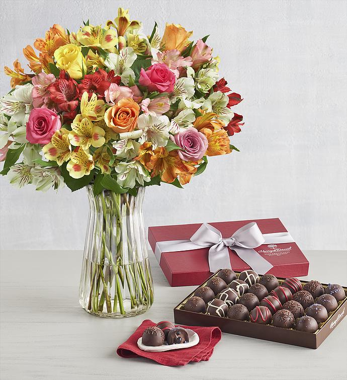 Dark Chocolate-Covered Luxury Collection with Assorted Roses &amp; Peruvian Lilies