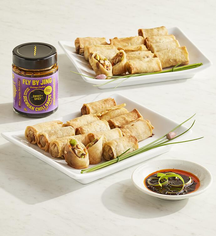 Asian Spring Roll Appetizer Assortment with Fly By Jing Sweet + Spicy Sichuan Chili Sauce 