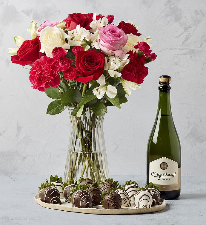 Deliciously Decadent Precious Love Bouquet, Strawberries, and Wine