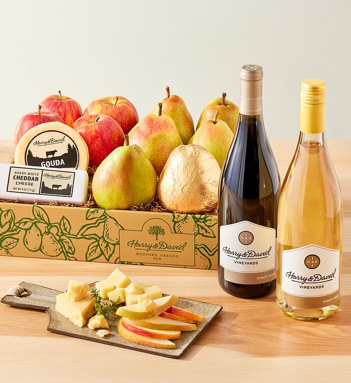 Pears, Apples, and Cheese Gift with Wine - 2 Bottles