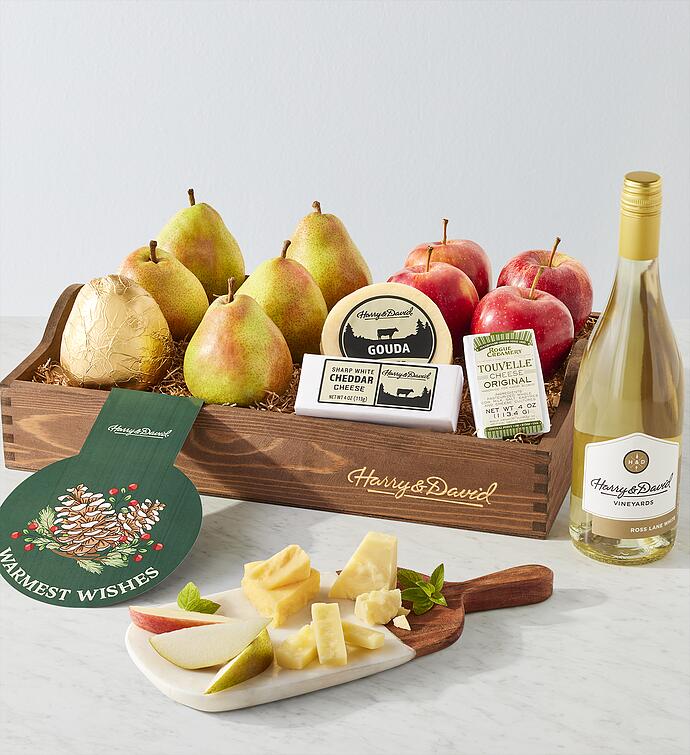Holiday Apples, Pears, and Cheese Gift with Wine