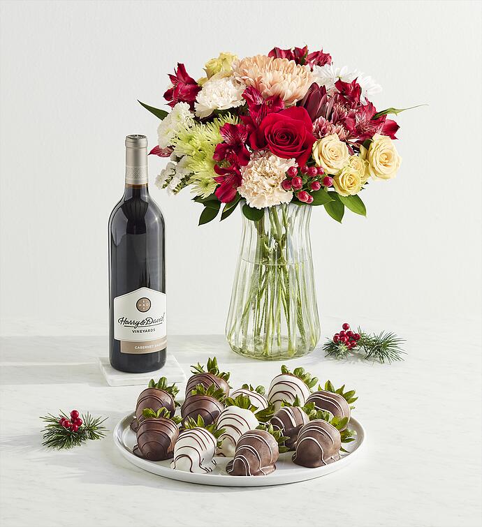 Frosted Gingerbread Bouquet, Gourmet Drizzled Strawberries™, and Wine