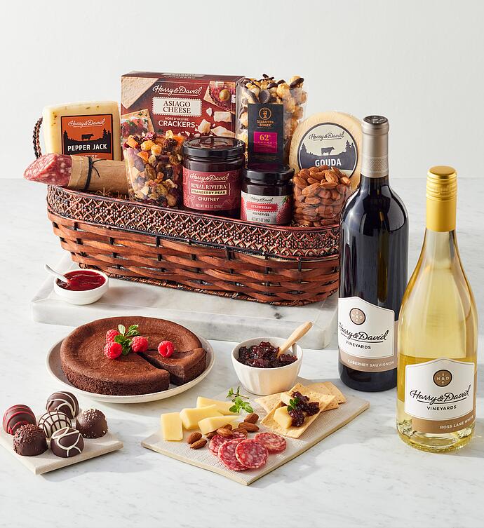 Gourmet Specialty Snacks Basket with Wine