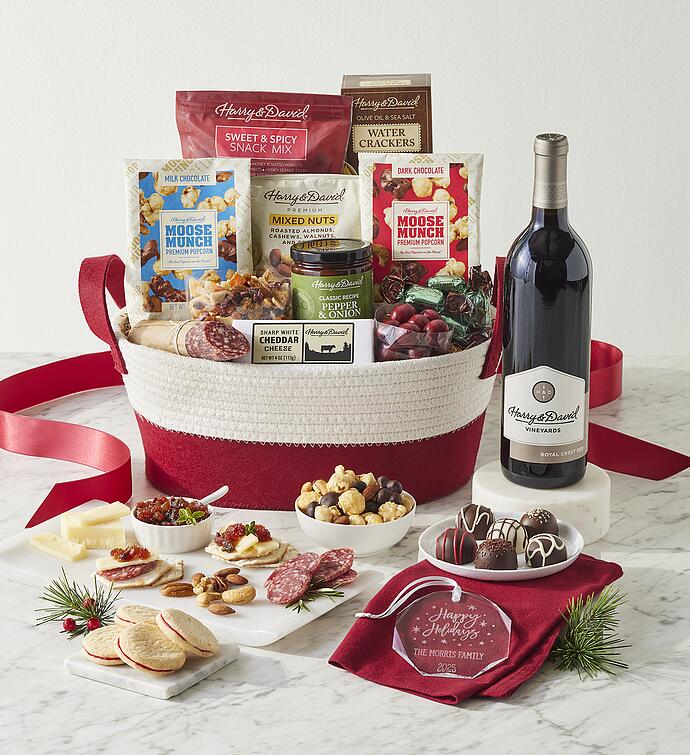 Season&#x27;s Best Snack Gift Basket with Personalized Ornament and Wine